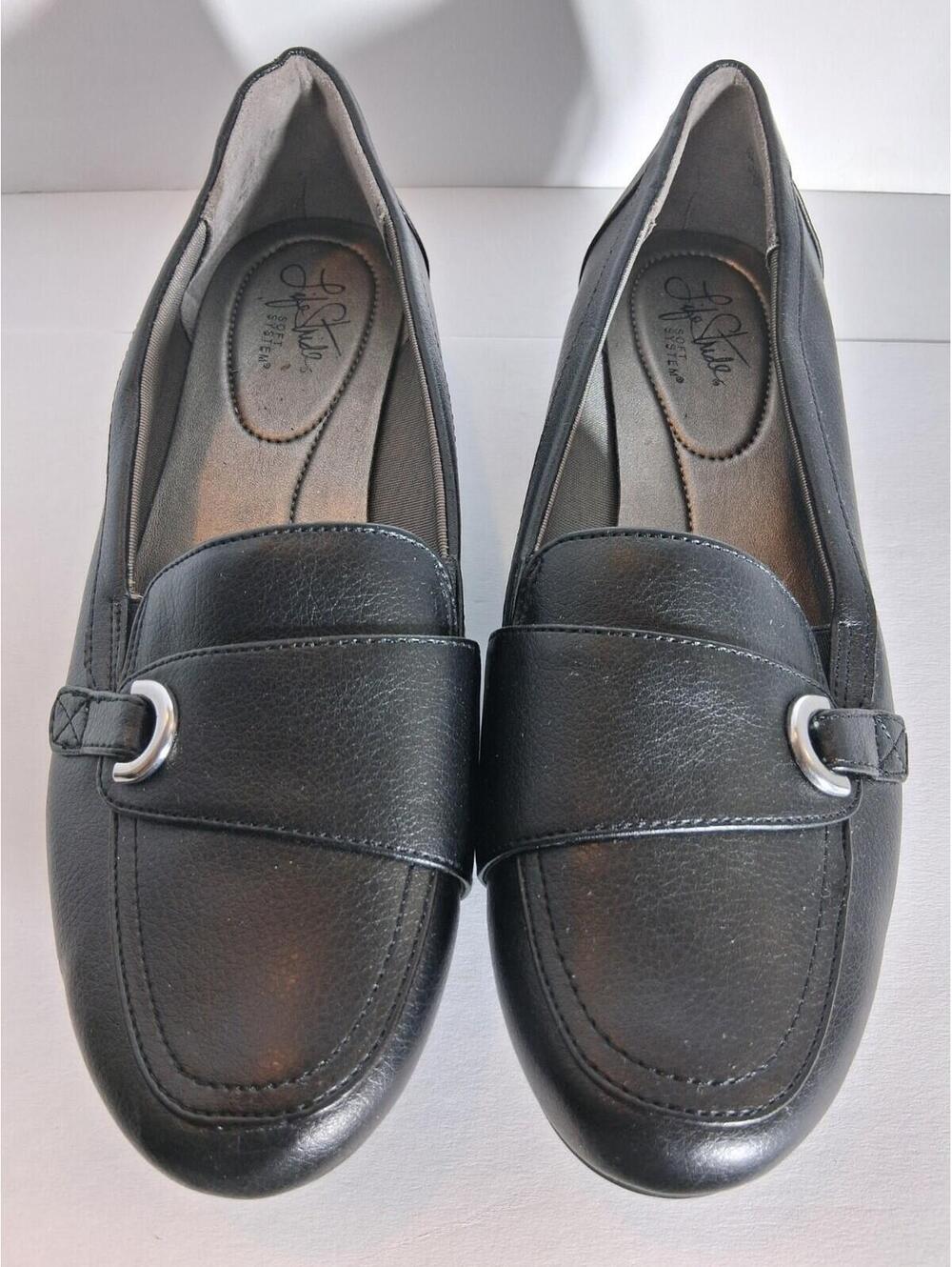 Life Stride Women's Soft System Black Loafers Silver Detail, 10W